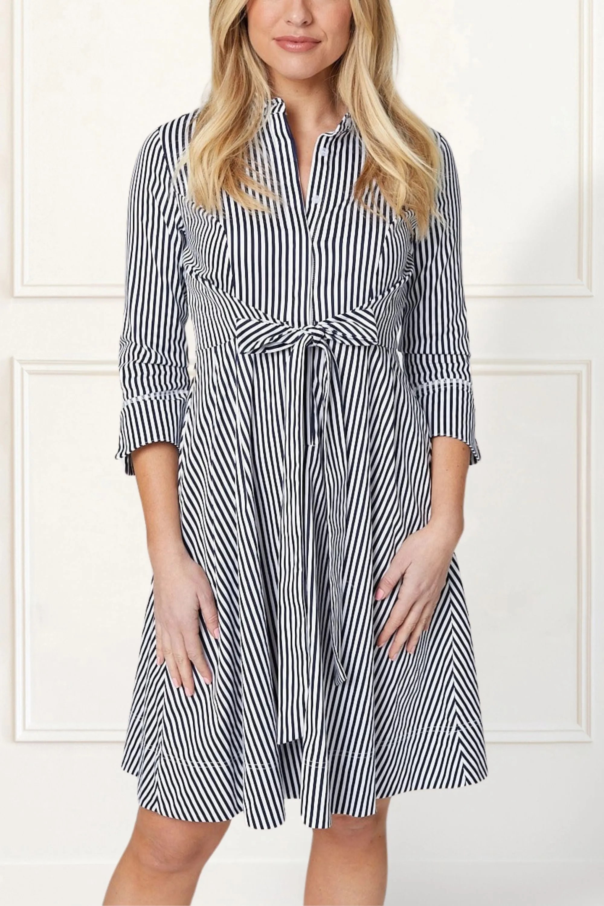 Estelle Striped Shirt Dress - 3/4 Sleeve, Button Down, Belted Waist