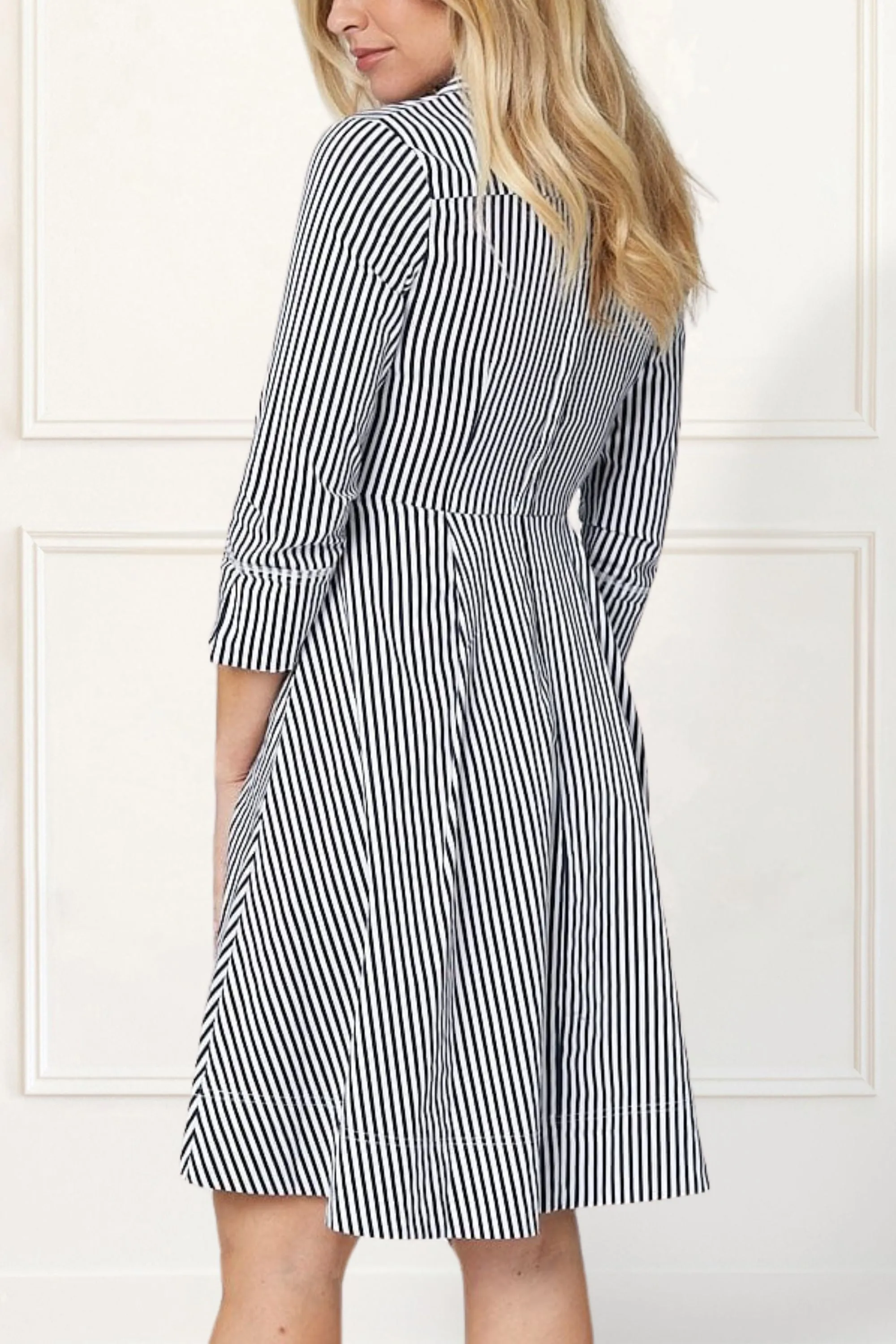 Estelle Striped Shirt Dress - 3/4 Sleeve, Button Down, Belted Waist