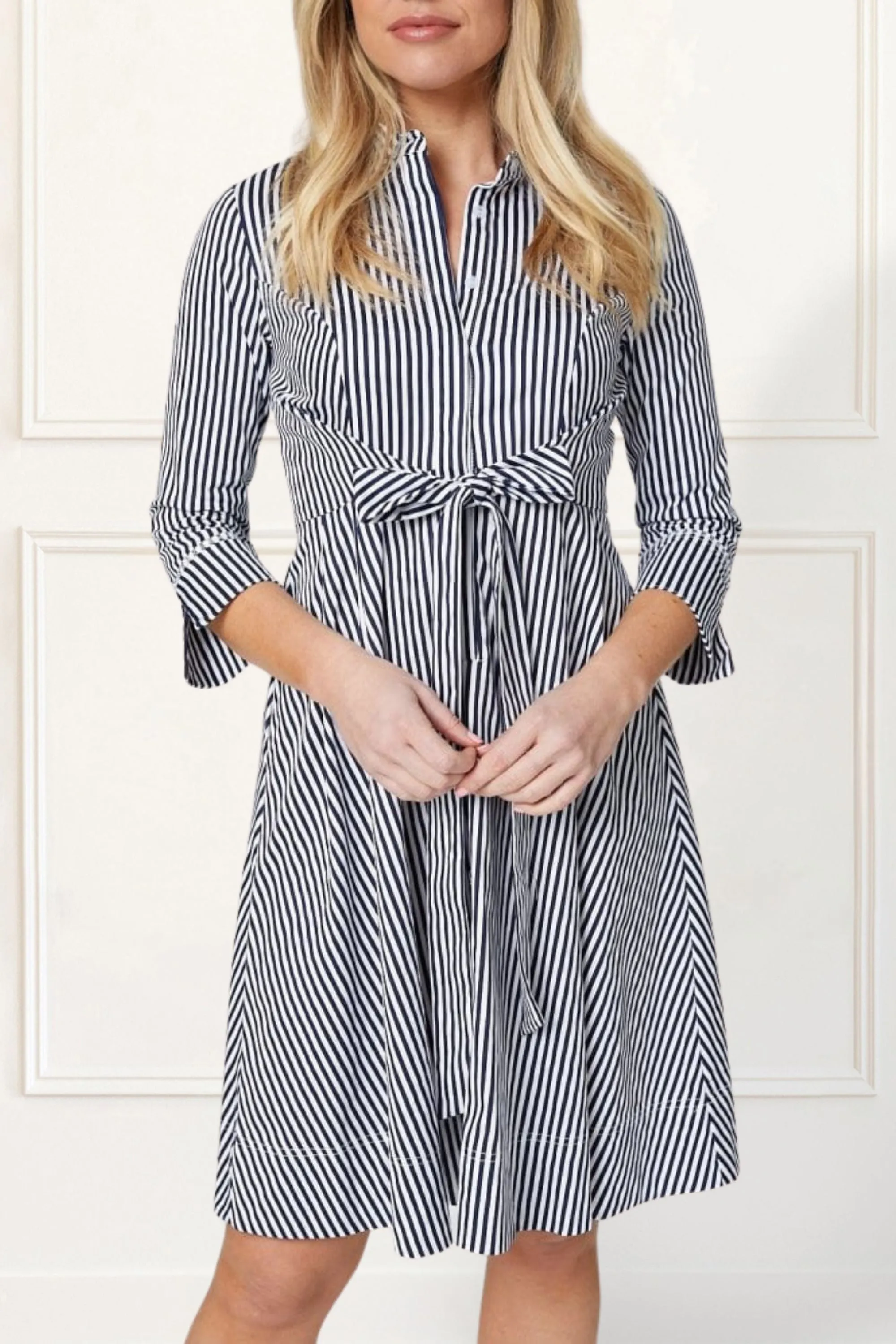 Estelle Striped Shirt Dress - 3/4 Sleeve, Button Down, Belted Waist