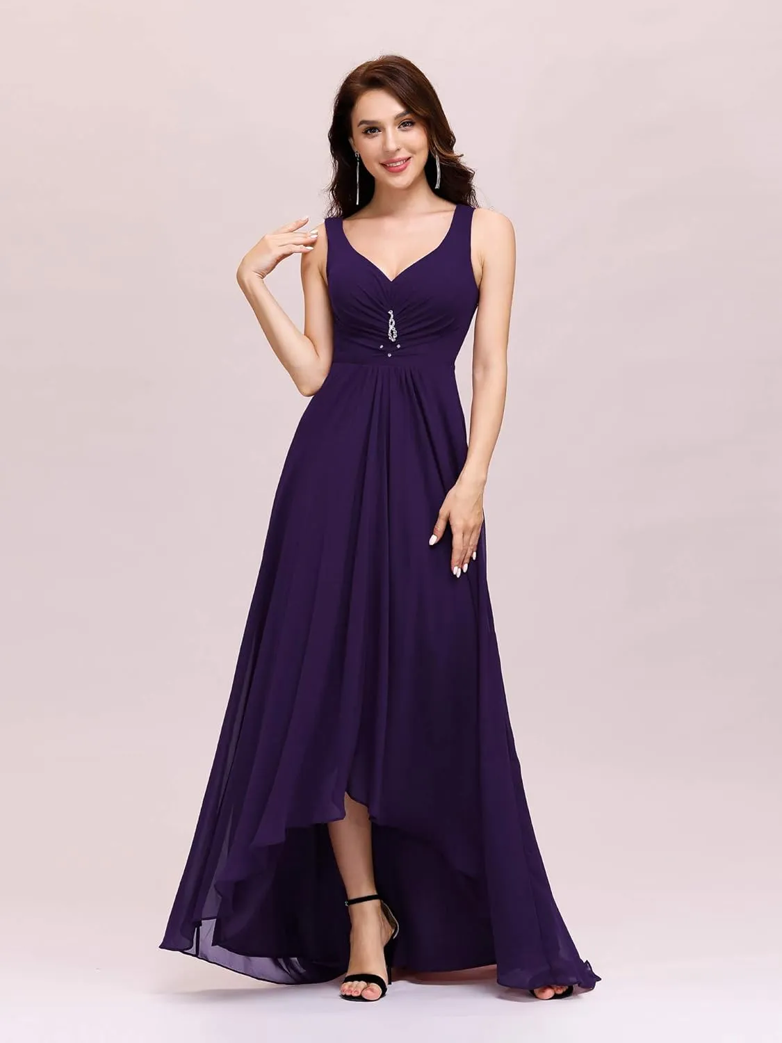 Ever-Pretty Double V-Neck Rhinestones Ruched Bust Hi-Lo Evening Party Dress 09983