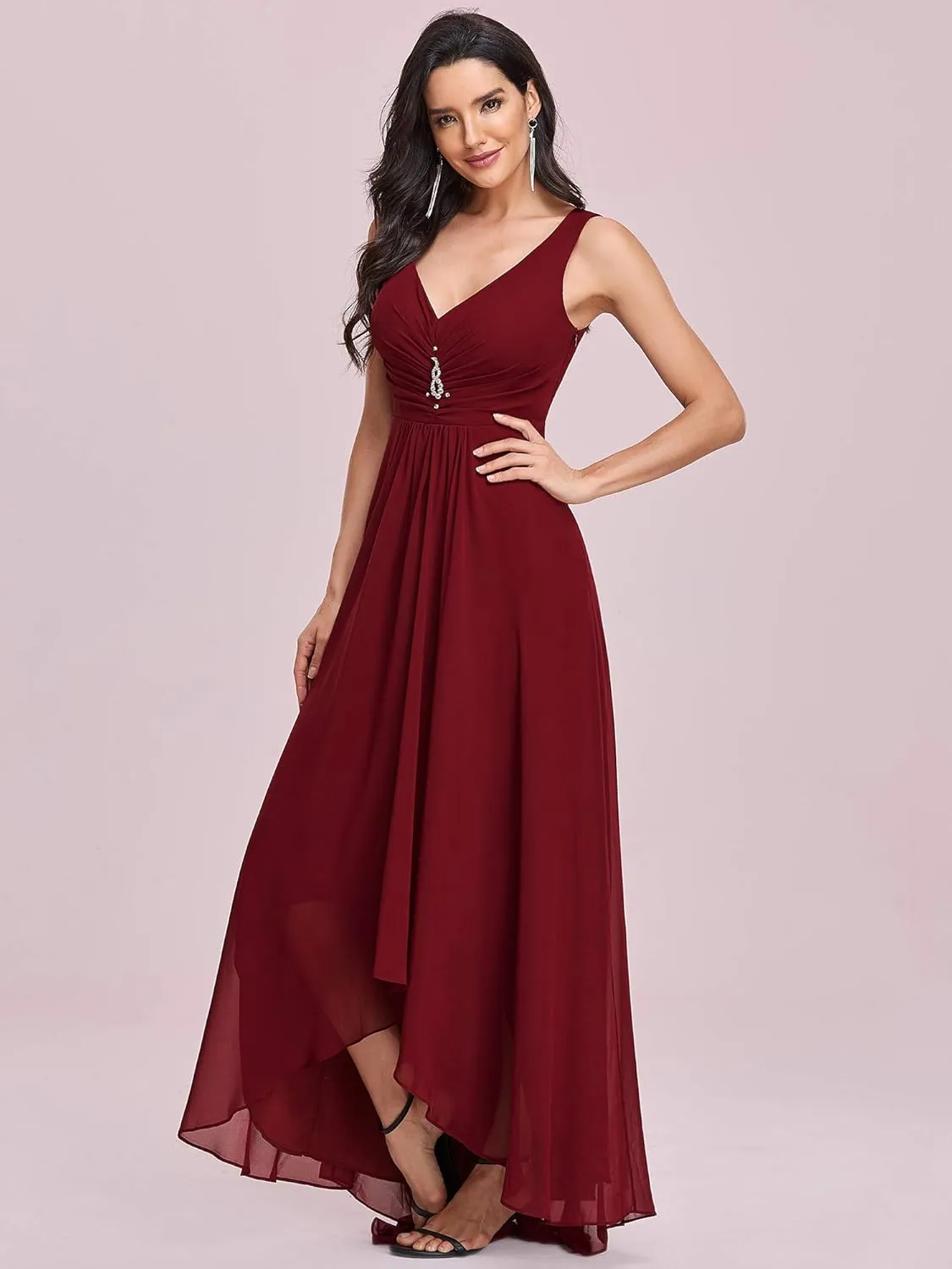 Ever-Pretty Double V-Neck Rhinestones Ruched Bust Hi-Lo Evening Party Dress 09983
