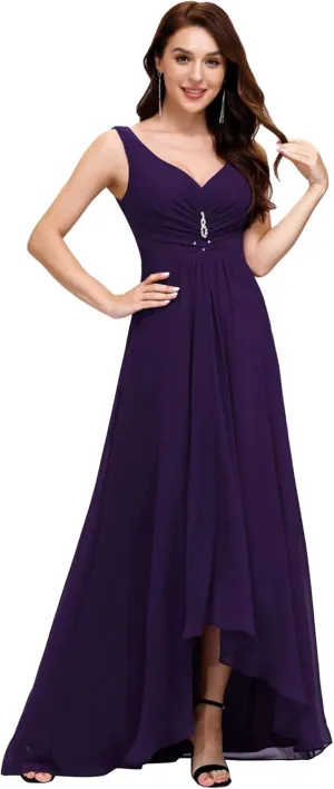 Ever-Pretty Double V-Neck Rhinestones Ruched Bust Hi-Lo Evening Party Dress 09983