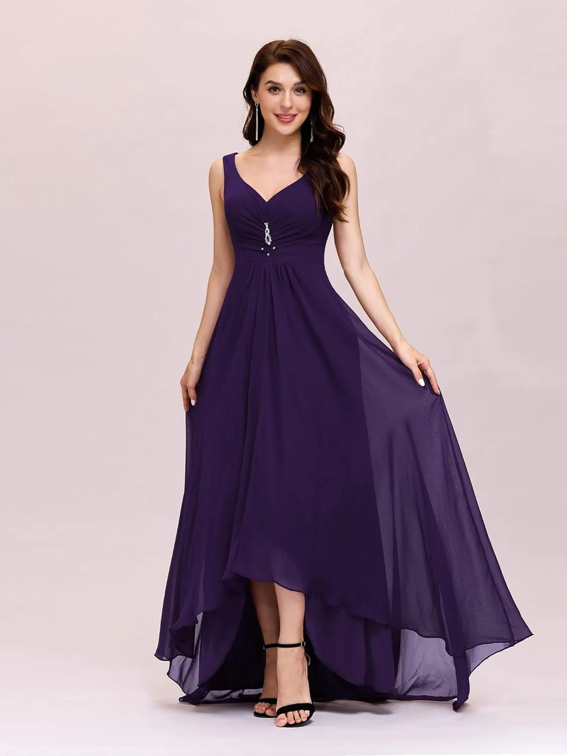 Ever-Pretty Double V-Neck Rhinestones Ruched Bust Hi-Lo Evening Party Dress 09983