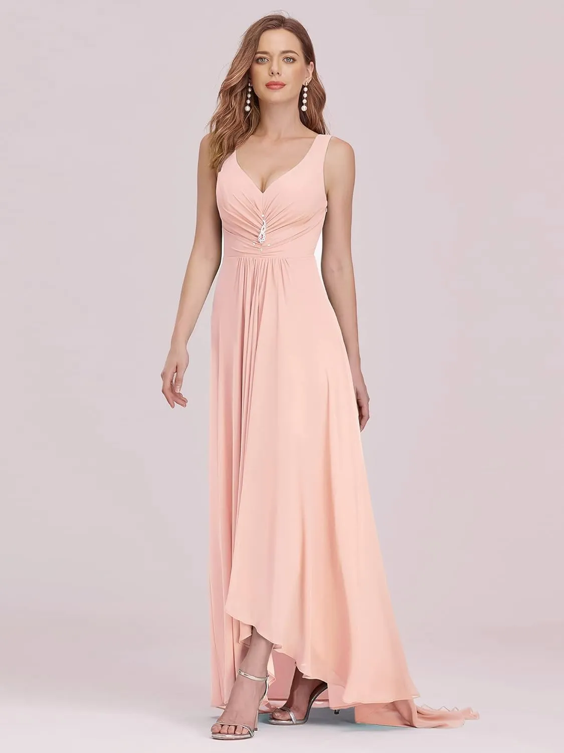 Ever-Pretty Double V-Neck Rhinestones Ruched Bust Hi-Lo Evening Party Dress 09983