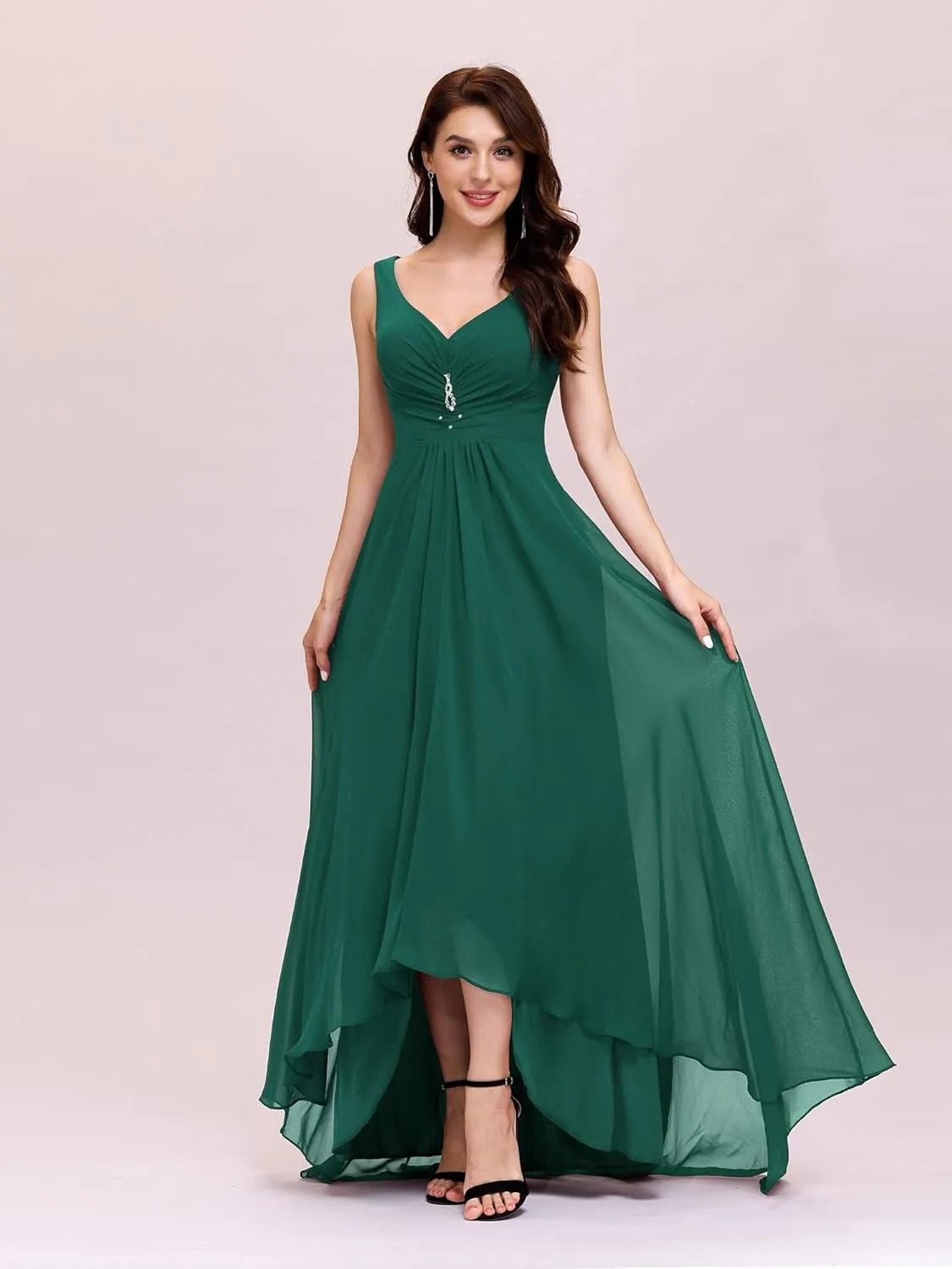 Ever-Pretty Double V-Neck Rhinestones Ruched Bust Hi-Lo Evening Party Dress 09983