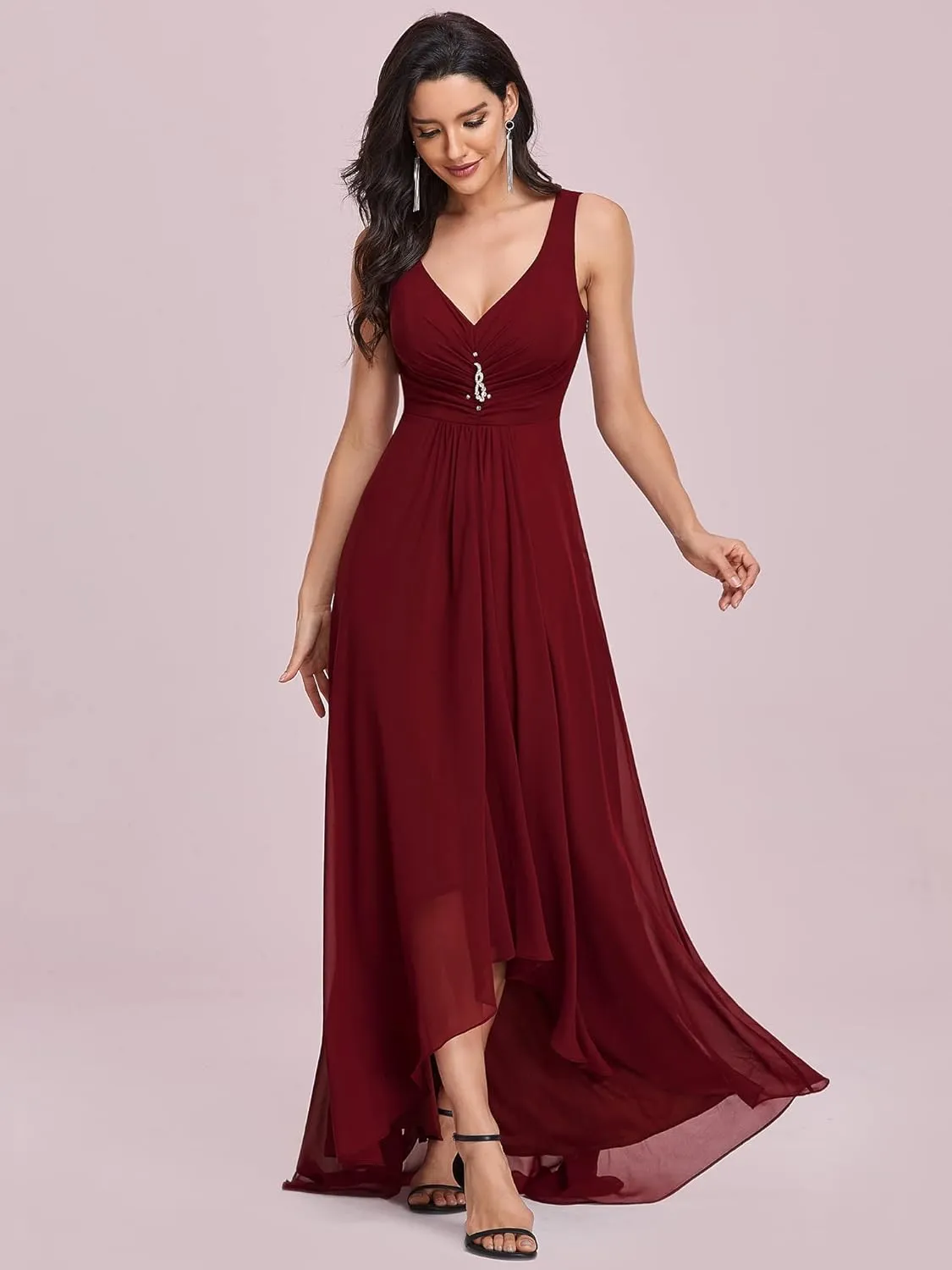 Ever-Pretty Double V-Neck Rhinestones Ruched Bust Hi-Lo Evening Party Dress 09983