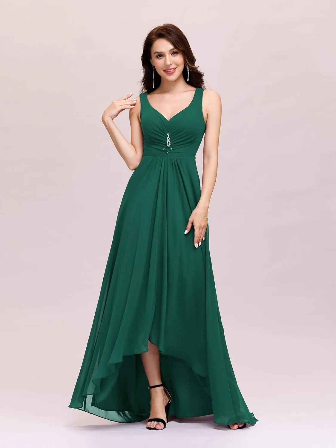 Ever-Pretty Double V-Neck Rhinestones Ruched Bust Hi-Lo Evening Party Dress 09983