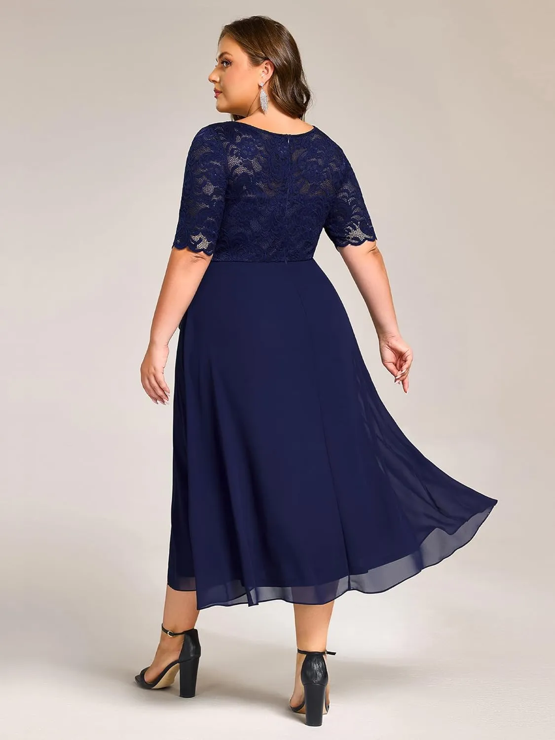 Ever-Pretty Plus Women's Chiffon Round Neck Short Sleeves Lace A Line Front Split Midi Plus Size Cocktail Dresses