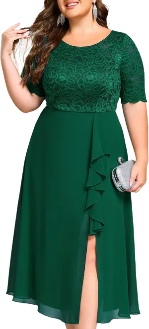 Ever-Pretty Plus Women's Chiffon Round Neck Short Sleeves Lace A Line Front Split Midi Plus Size Cocktail Dresses