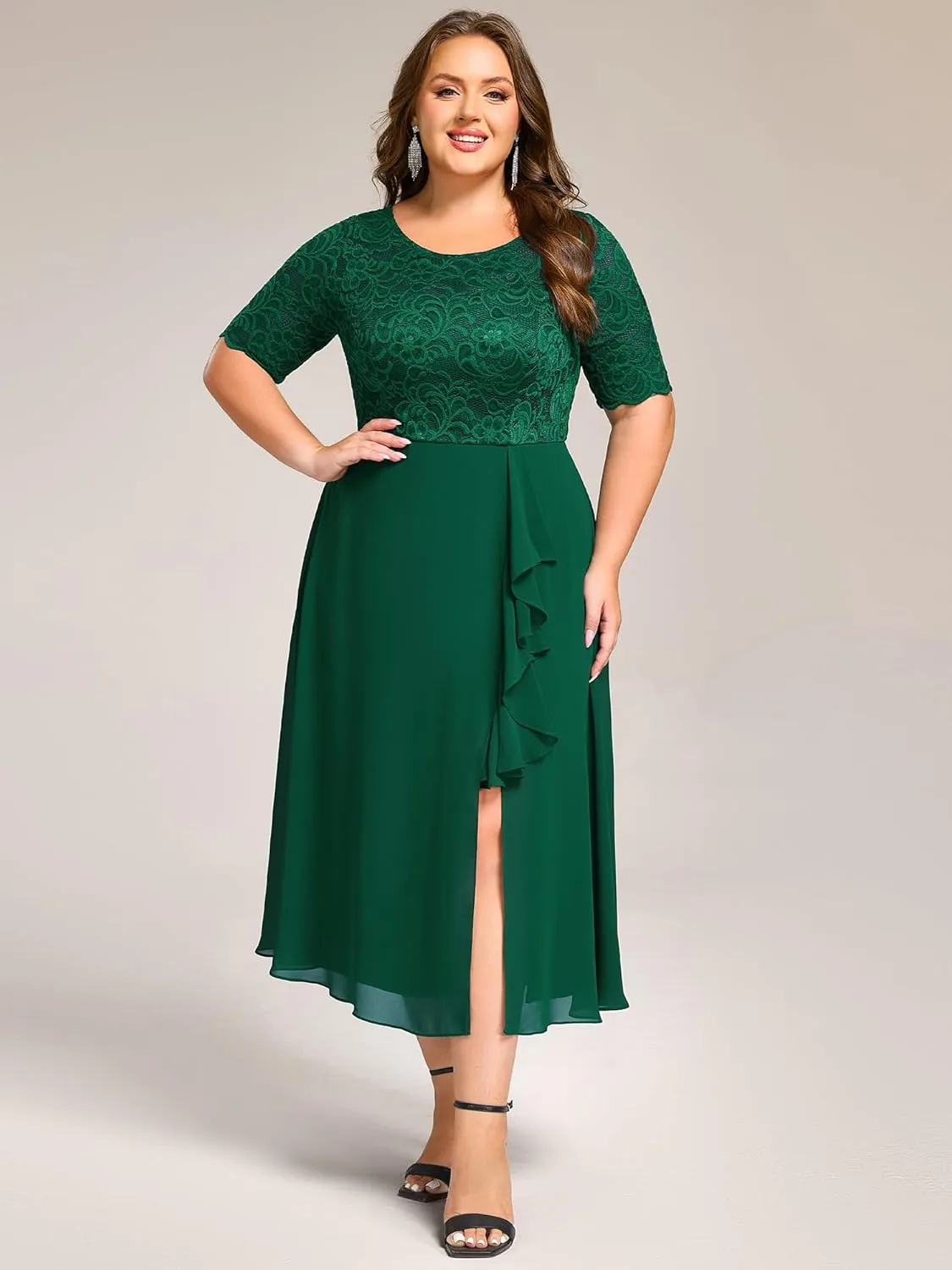 Ever-Pretty Plus Women's Chiffon Round Neck Short Sleeves Lace A Line Front Split Midi Plus Size Cocktail Dresses