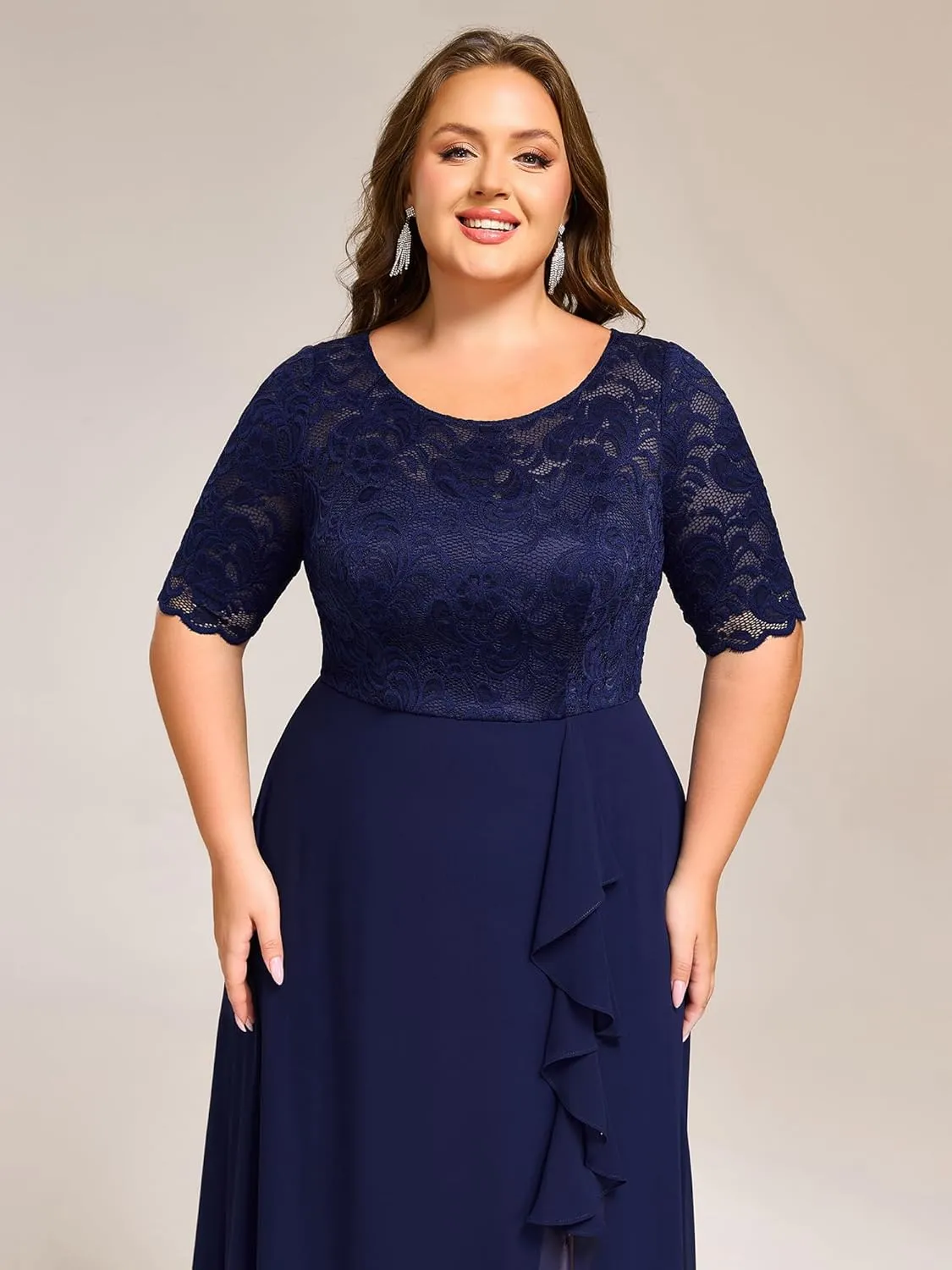 Ever-Pretty Plus Women's Chiffon Round Neck Short Sleeves Lace A Line Front Split Midi Plus Size Cocktail Dresses