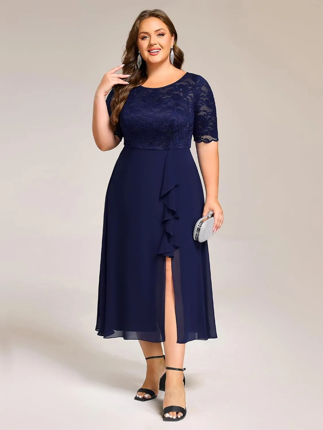 Ever-Pretty Plus Women's Chiffon Round Neck Short Sleeves Lace A Line Front Split Midi Plus Size Cocktail Dresses