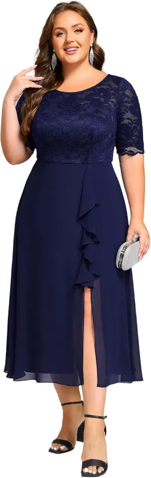 Ever-Pretty Plus Women's Chiffon Round Neck Short Sleeves Lace A Line Front Split Midi Plus Size Cocktail Dresses