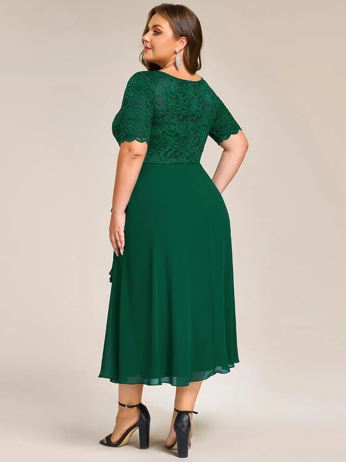 Ever-Pretty Plus Women's Chiffon Round Neck Short Sleeves Lace A Line Front Split Midi Plus Size Cocktail Dresses