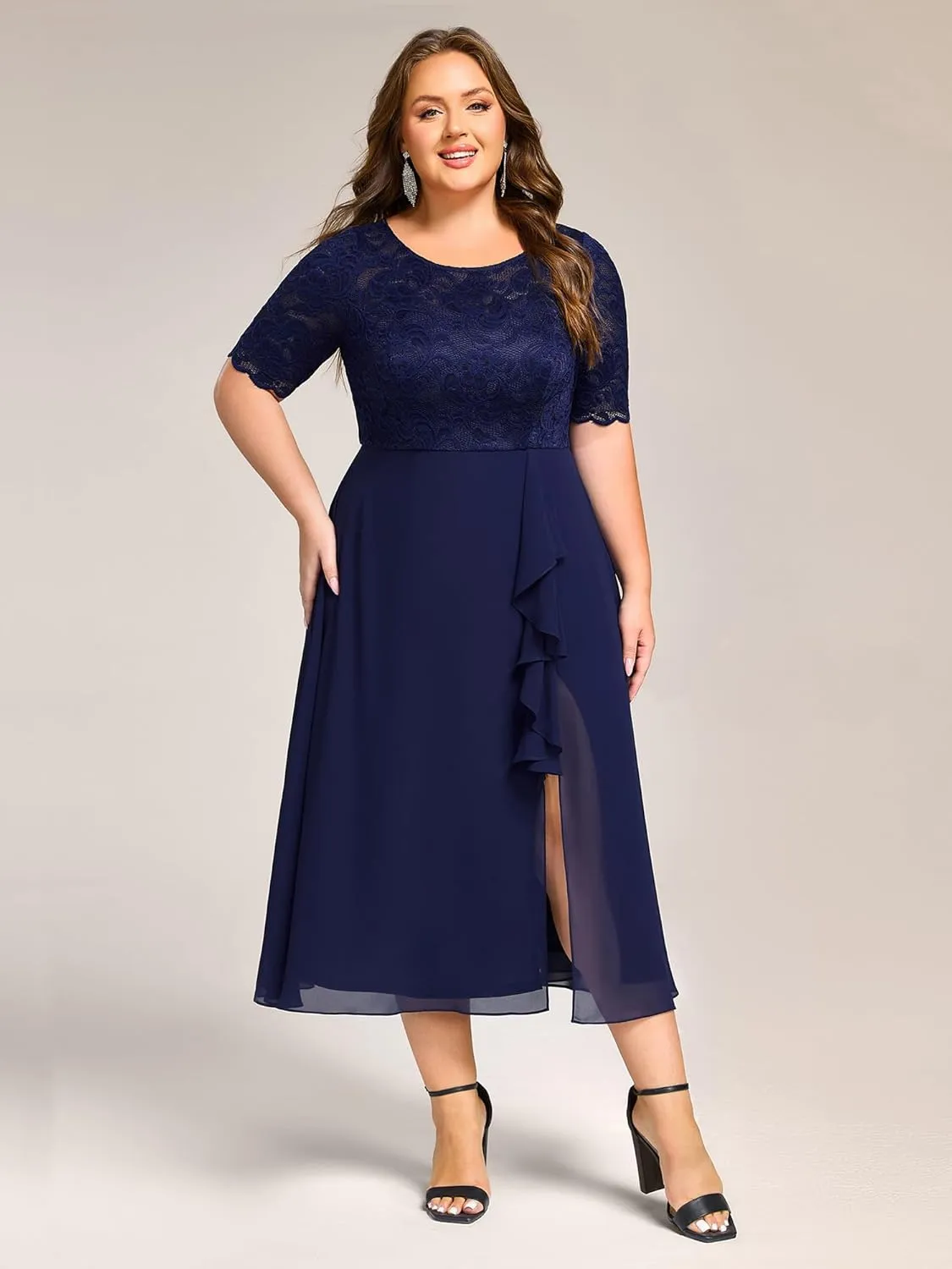 Ever-Pretty Plus Women's Chiffon Round Neck Short Sleeves Lace A Line Front Split Midi Plus Size Cocktail Dresses