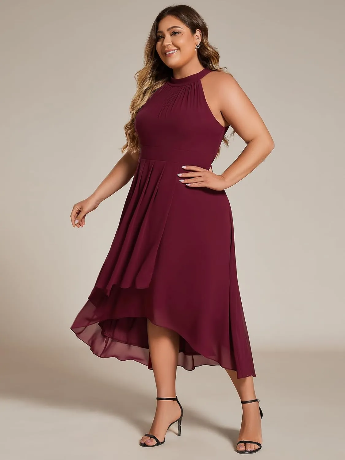 Ever-Pretty Plus Women's Sleeveless Halter A Line Pleated Plus Size High Low Wedding Guest Dresses 31926-DA