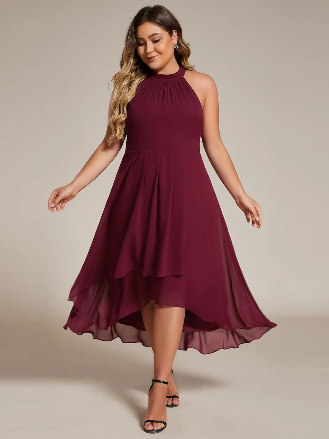 Ever-Pretty Plus Women's Sleeveless Halter A Line Pleated Plus Size High Low Wedding Guest Dresses 31926-DA