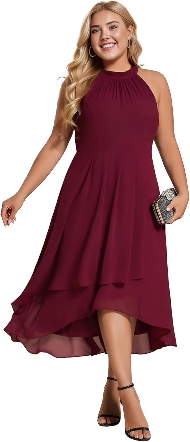 Ever-Pretty Plus Women's Sleeveless Halter A Line Pleated Plus Size High Low Wedding Guest Dresses 31926-DA