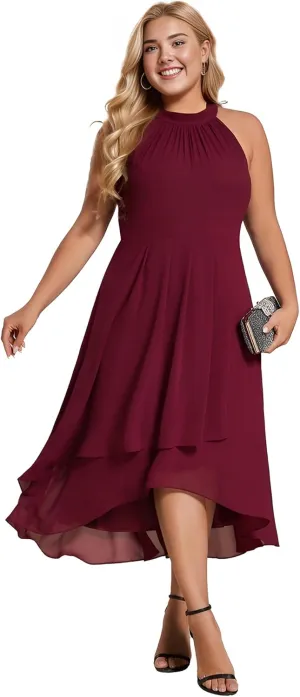 Ever-Pretty Plus Women's Sleeveless Halter A Line Pleated Plus Size High Low Wedding Guest Dresses 31926-DA