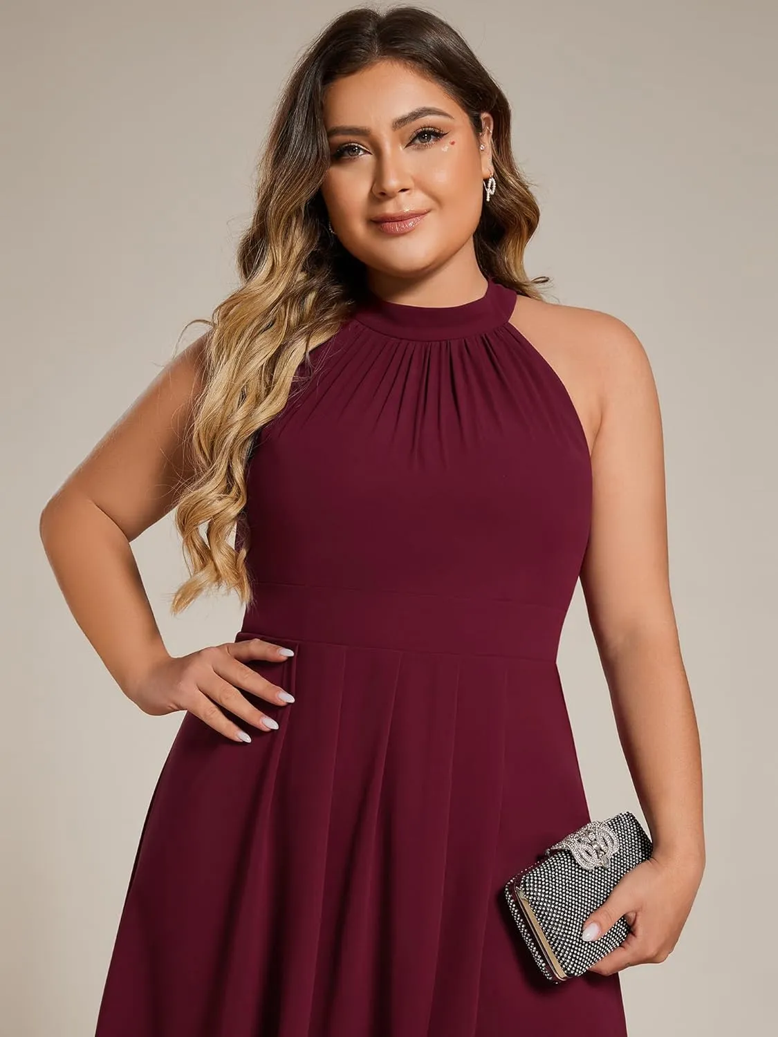 Ever-Pretty Plus Women's Sleeveless Halter A Line Pleated Plus Size High Low Wedding Guest Dresses 31926-DA