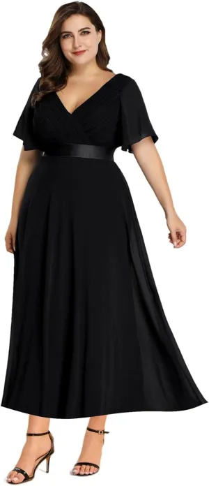 Ever-Pretty Plus Women's Summer V Neck Short Sleeves Formal Chiffon Pleated A Line Plus Size Midi Wedding Guest Dresses
