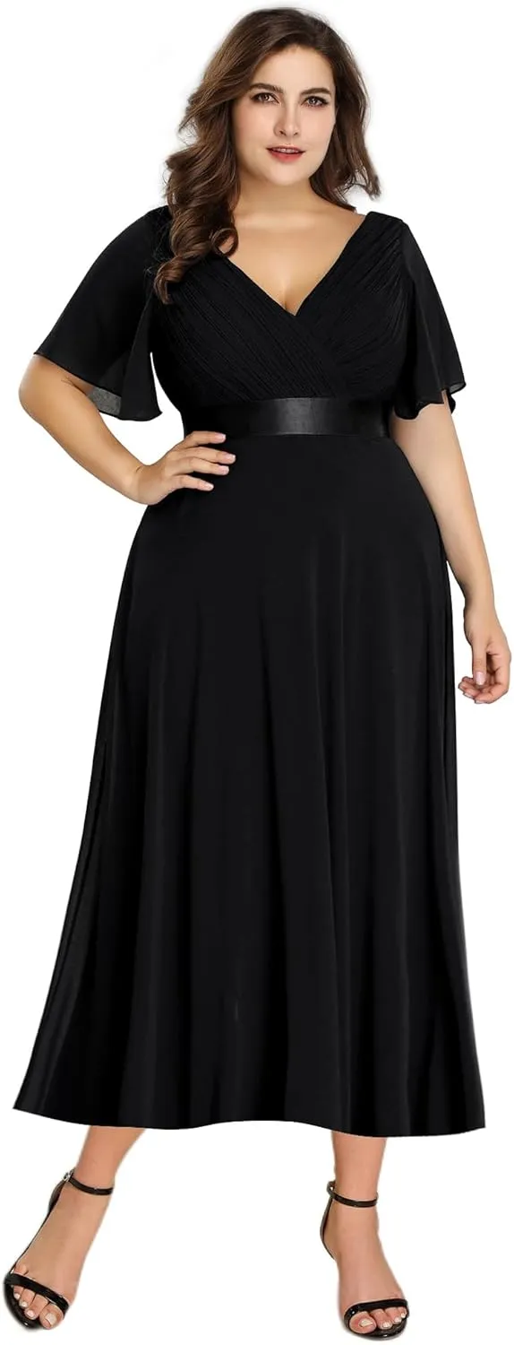 Ever-Pretty Plus Women's Summer V Neck Short Sleeves Formal Chiffon Pleated A Line Plus Size Midi Wedding Guest Dresses