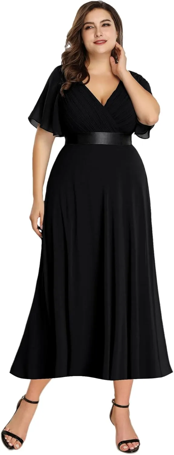 Ever-Pretty Plus Women's Summer V Neck Short Sleeves Formal Chiffon Pleated A Line Plus Size Midi Wedding Guest Dresses