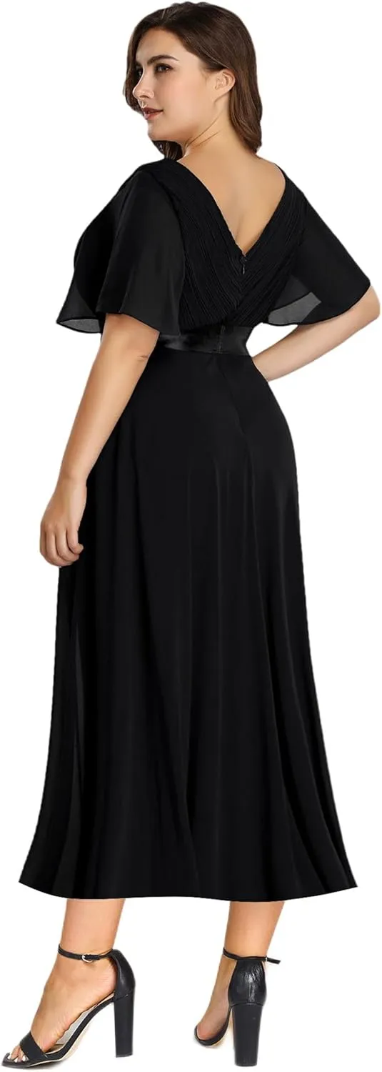 Ever-Pretty Plus Women's Summer V Neck Short Sleeves Formal Chiffon Pleated A Line Plus Size Midi Wedding Guest Dresses