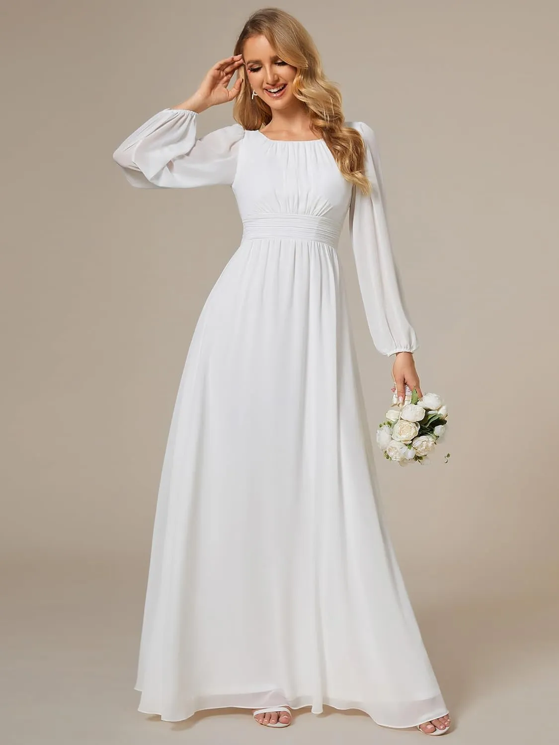 Ever-Pretty Women's Crewneck Long Lantern Sleeves Floor Length A-Line Pleated Chiffon Formal Dress 0106B