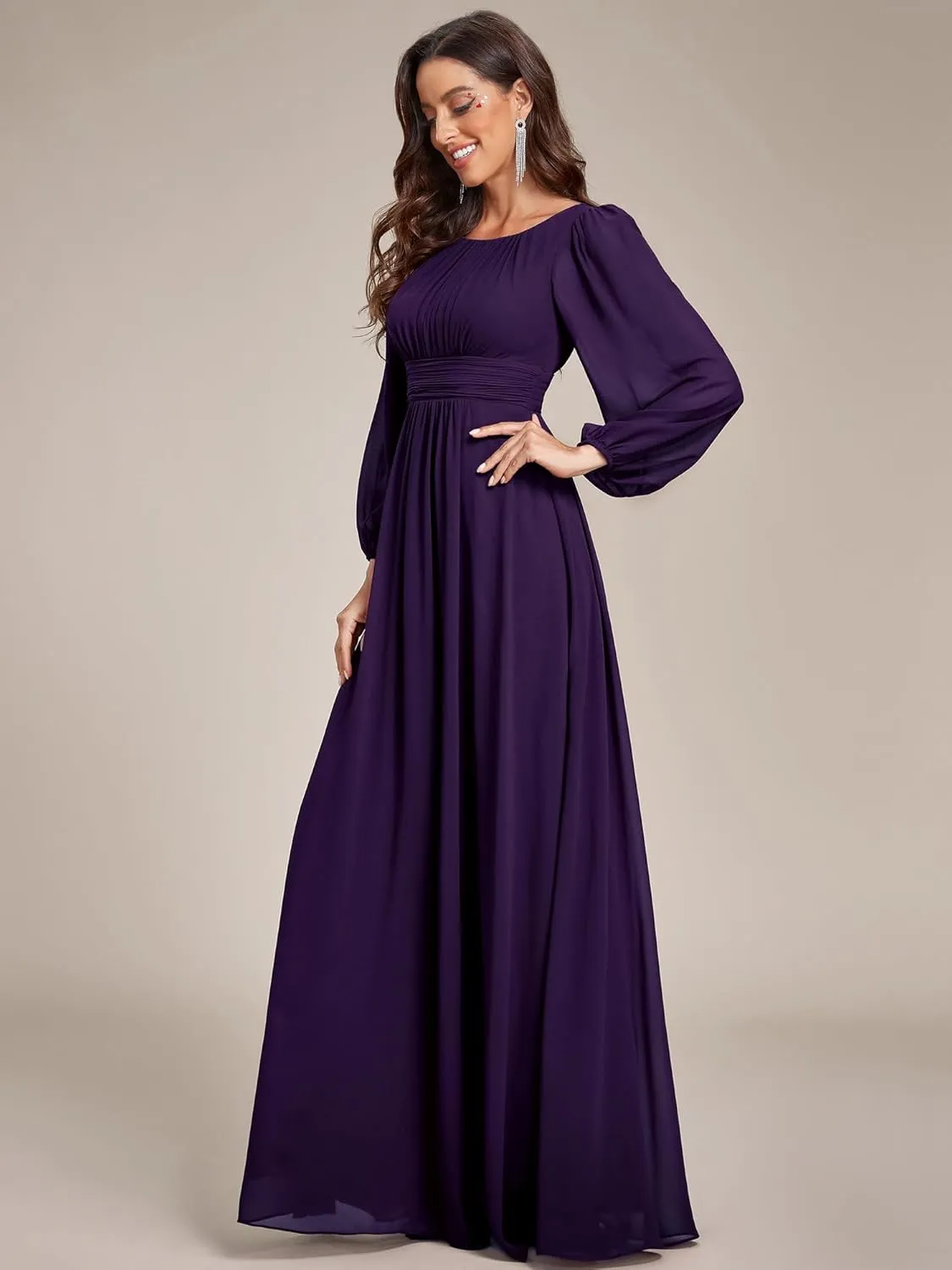 Ever-Pretty Women's Crewneck Long Lantern Sleeves Floor Length A-Line Pleated Chiffon Formal Dress 0106B