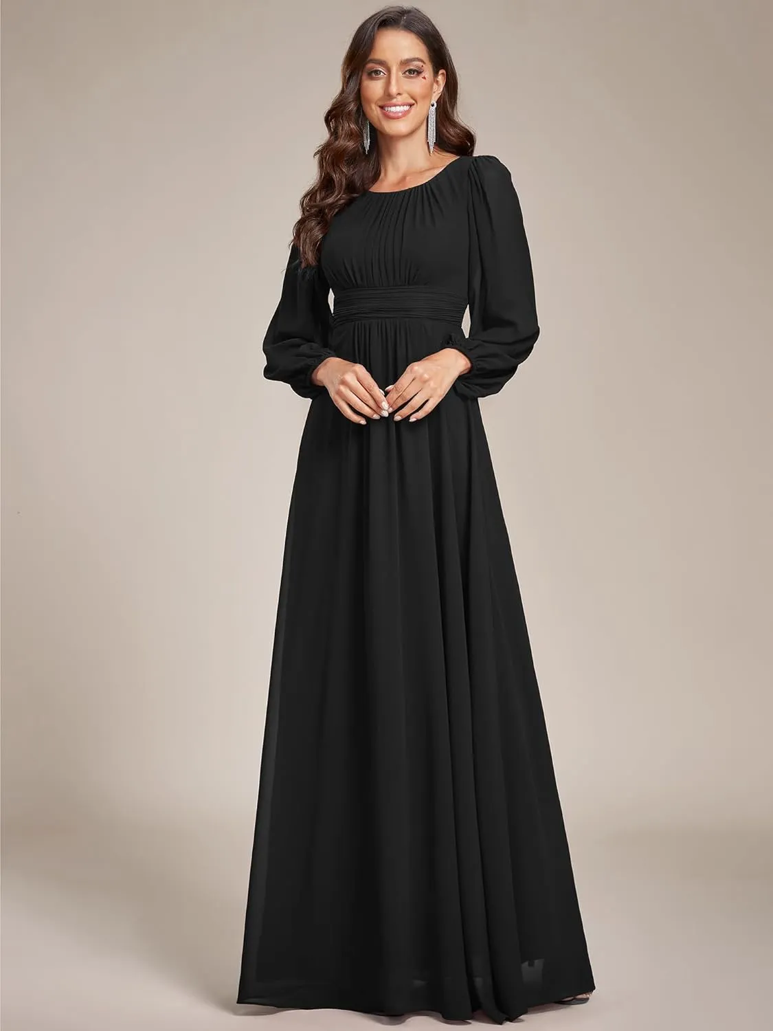 Ever-Pretty Women's Crewneck Long Lantern Sleeves Floor Length A-Line Pleated Chiffon Formal Dress 0106B