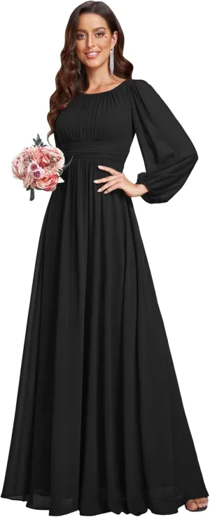 Ever-Pretty Women's Crewneck Long Lantern Sleeves Floor Length A-Line Pleated Chiffon Formal Dress 0106B