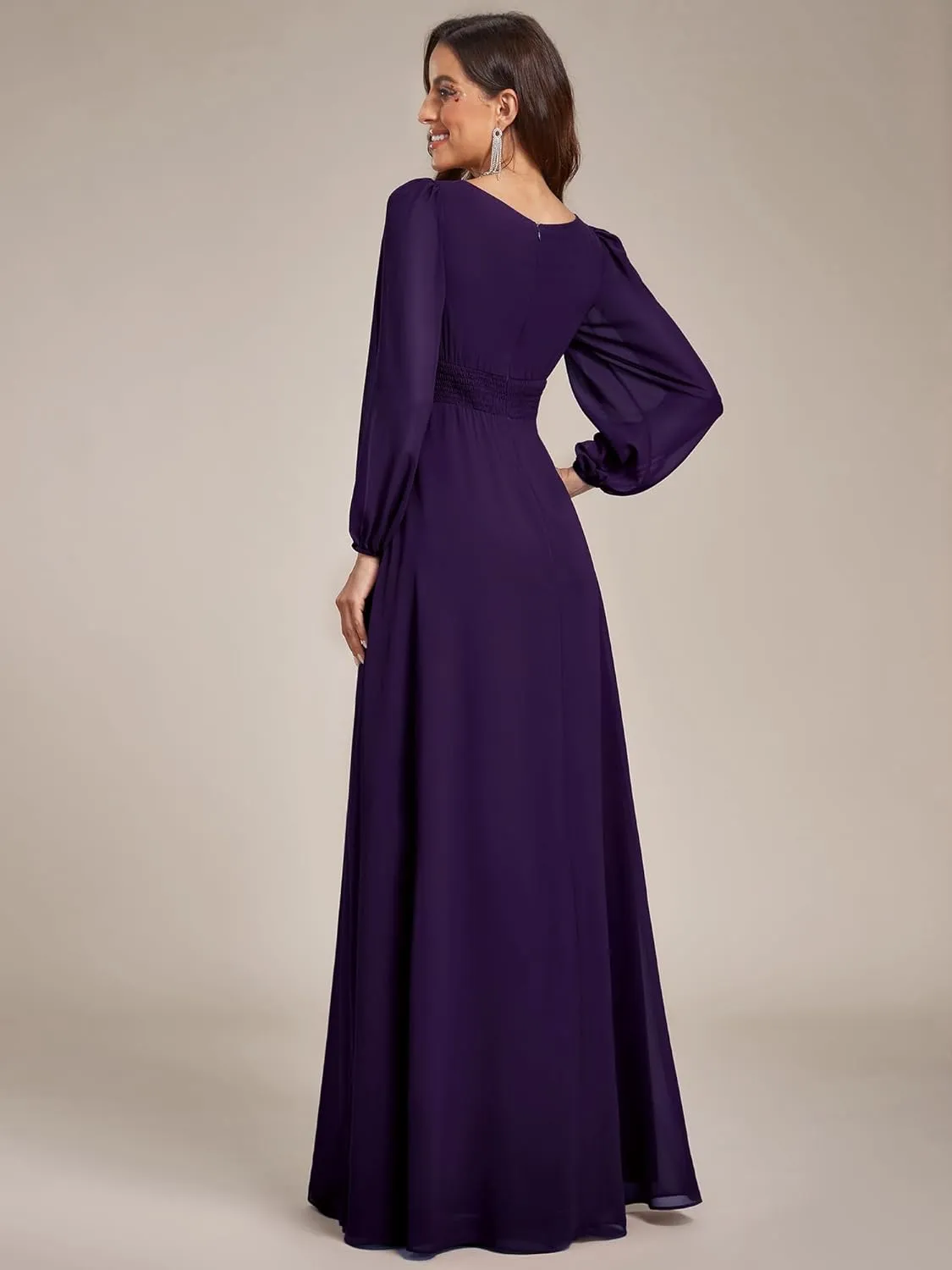 Ever-Pretty Women's Crewneck Long Lantern Sleeves Floor Length A-Line Pleated Chiffon Formal Dress 0106B