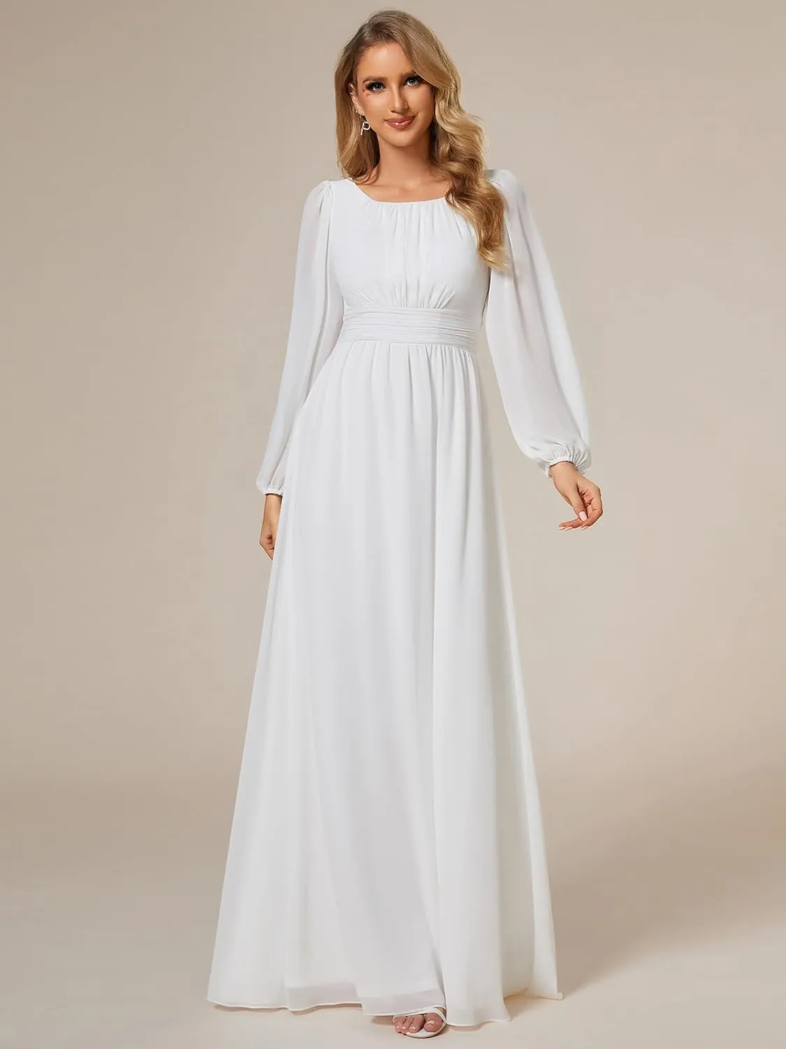 Ever-Pretty Women's Crewneck Long Lantern Sleeves Floor Length A-Line Pleated Chiffon Formal Dress 0106B
