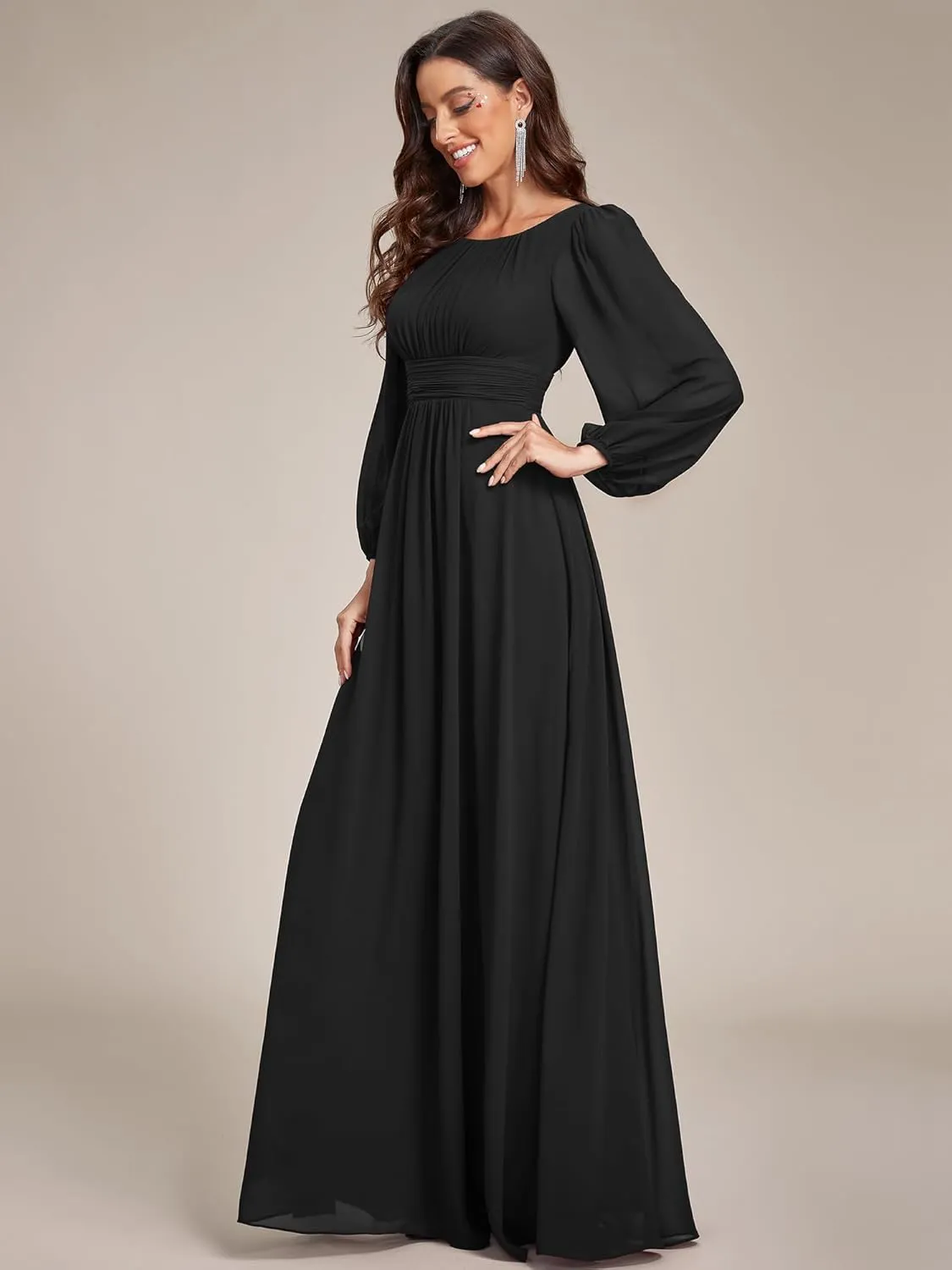 Ever-Pretty Women's Crewneck Long Lantern Sleeves Floor Length A-Line Pleated Chiffon Formal Dress 0106B