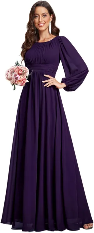 Ever-Pretty Women's Crewneck Long Lantern Sleeves Floor Length A-Line Pleated Chiffon Formal Dress 0106B