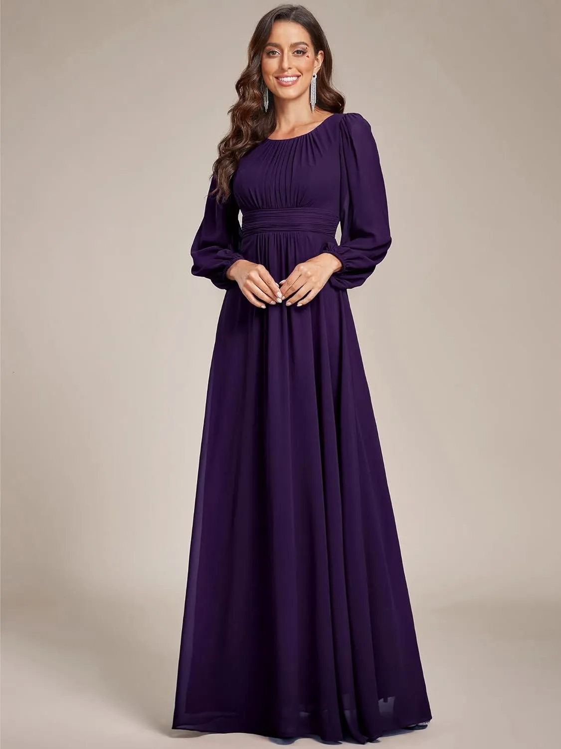 Ever-Pretty Women's Crewneck Long Lantern Sleeves Floor Length A-Line Pleated Chiffon Formal Dress 0106B