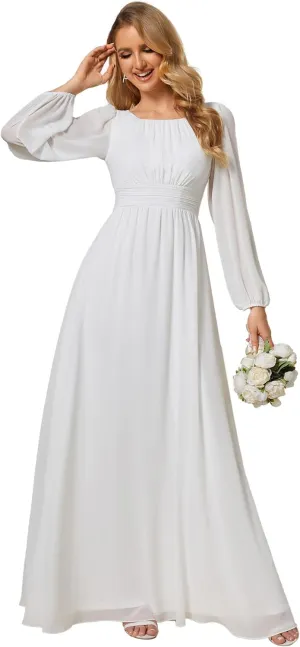 Ever-Pretty Women's Crewneck Long Lantern Sleeves Floor Length A-Line Pleated Chiffon Formal Dress 0106B