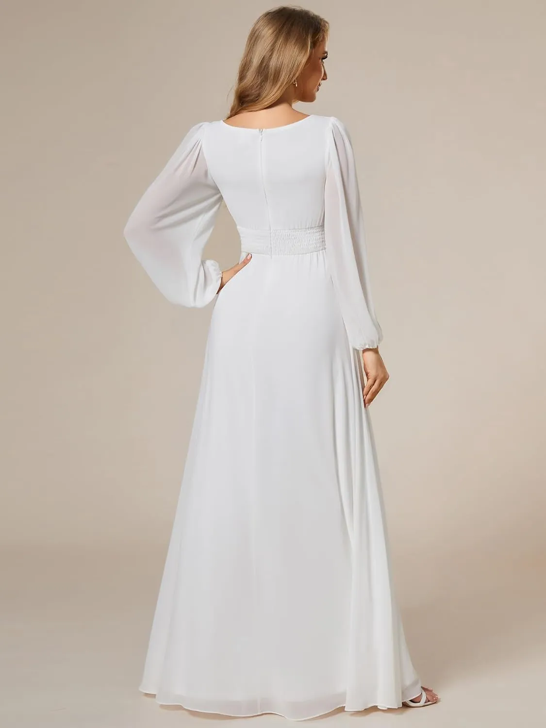 Ever-Pretty Women's Crewneck Long Lantern Sleeves Floor Length A-Line Pleated Chiffon Formal Dress 0106B