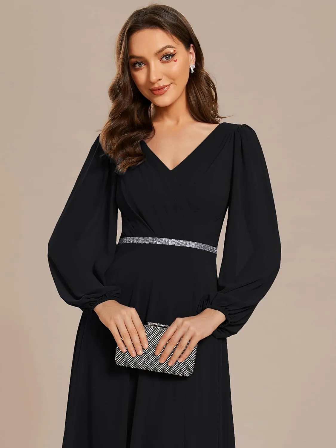 Ever-Pretty Women's Formal Dresses Long Sleeve V Neck Empire Waist A Line Beading Floor Length Wedding Guest Dress 01981