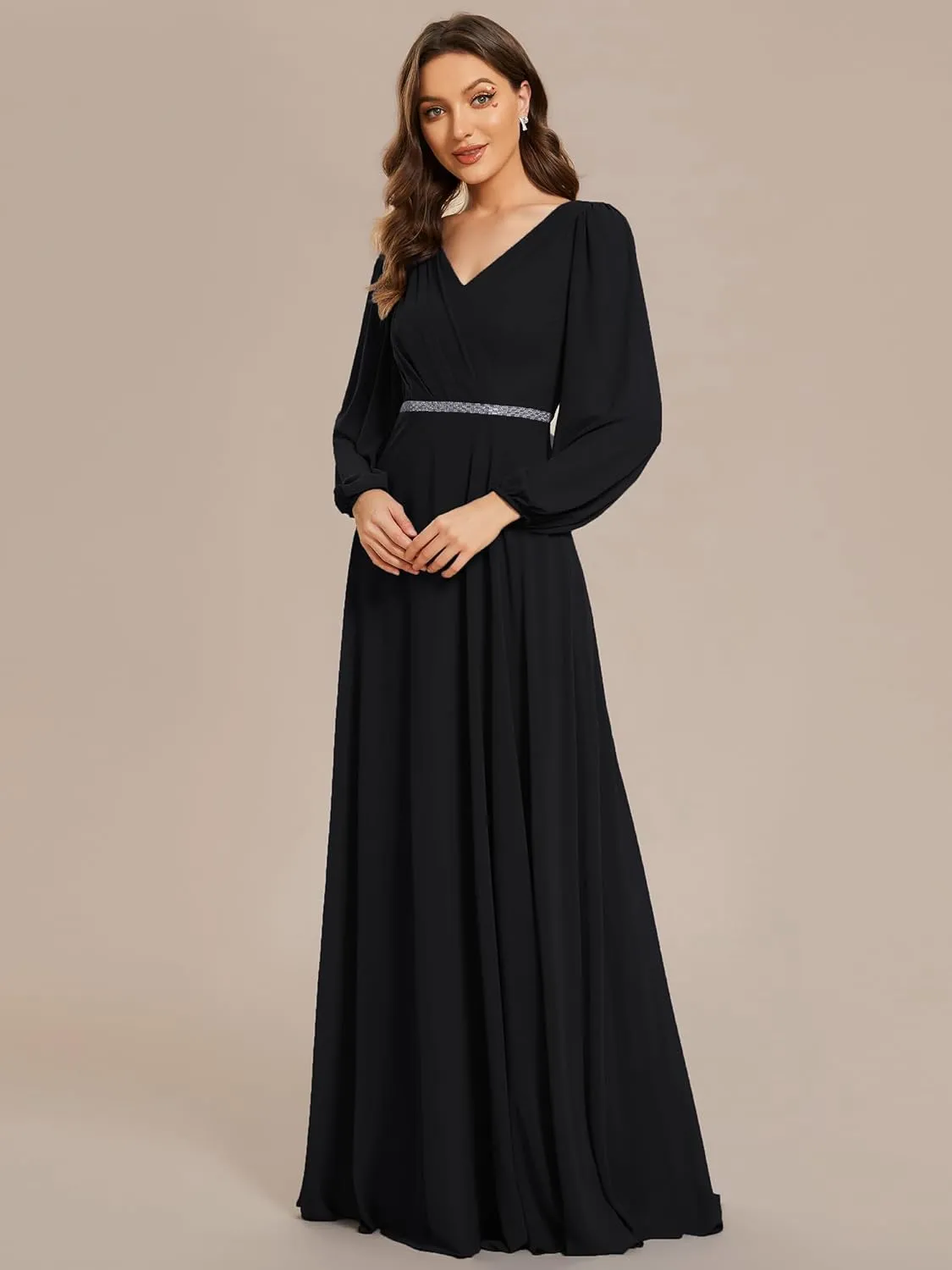 Ever-Pretty Women's Formal Dresses Long Sleeve V Neck Empire Waist A Line Beading Floor Length Wedding Guest Dress 01981