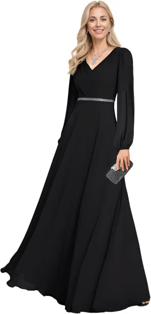 Ever-Pretty Women's Formal Dresses Long Sleeve V Neck Empire Waist A Line Beading Floor Length Wedding Guest Dress 01981