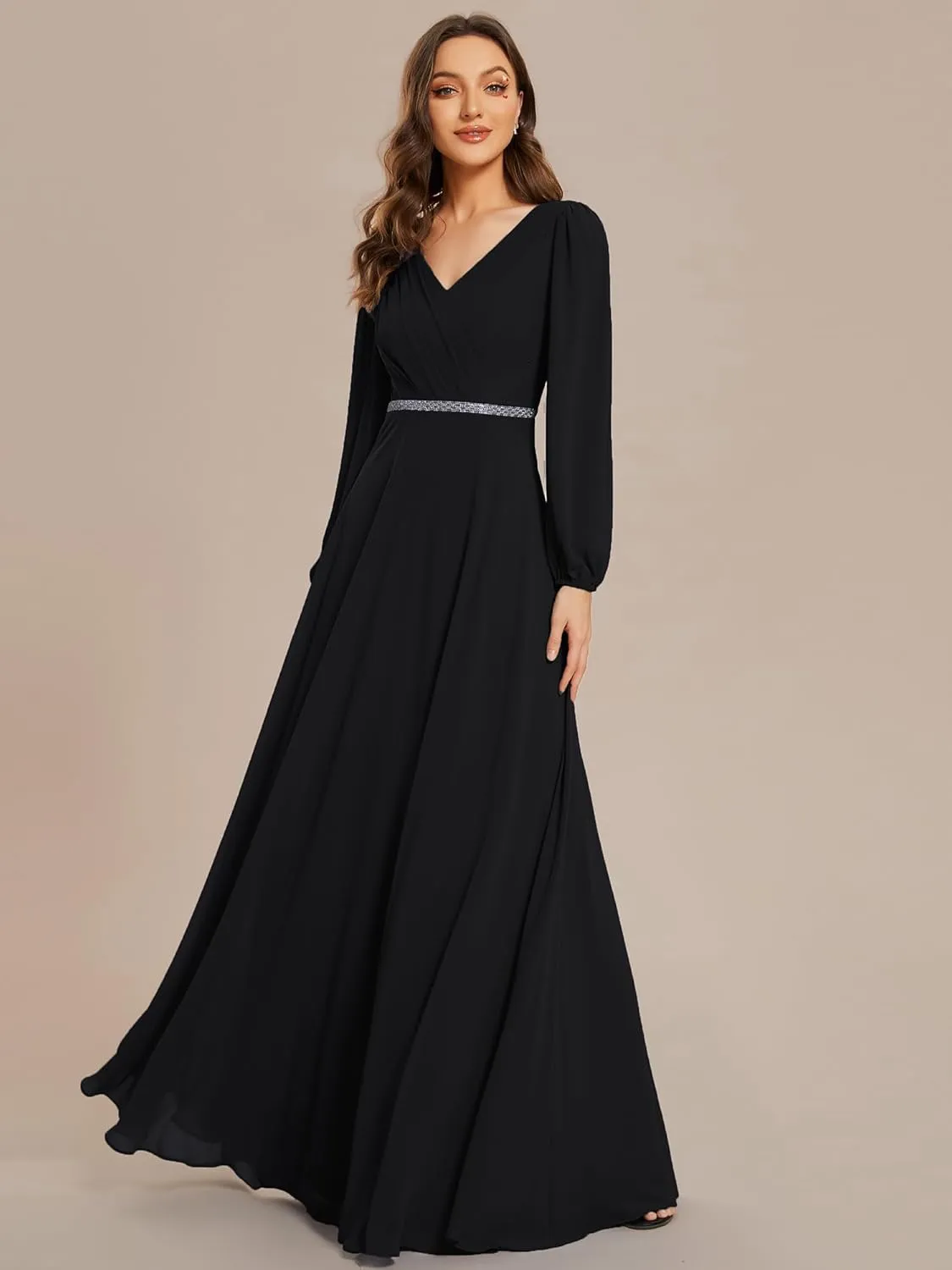 Ever-Pretty Women's Formal Dresses Long Sleeve V Neck Empire Waist A Line Beading Floor Length Wedding Guest Dress 01981