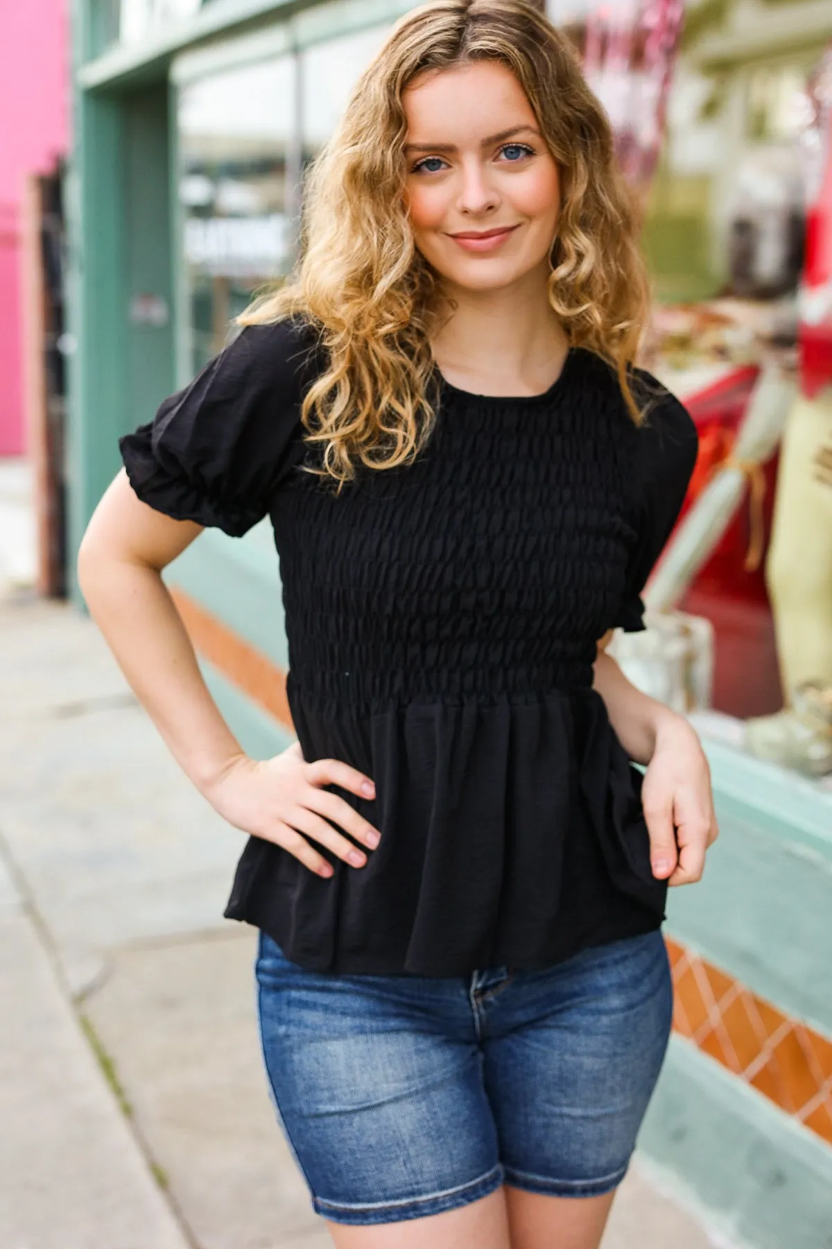 Explore More Collection - All For You Black Smocked Peplum Puff Sleeve Top