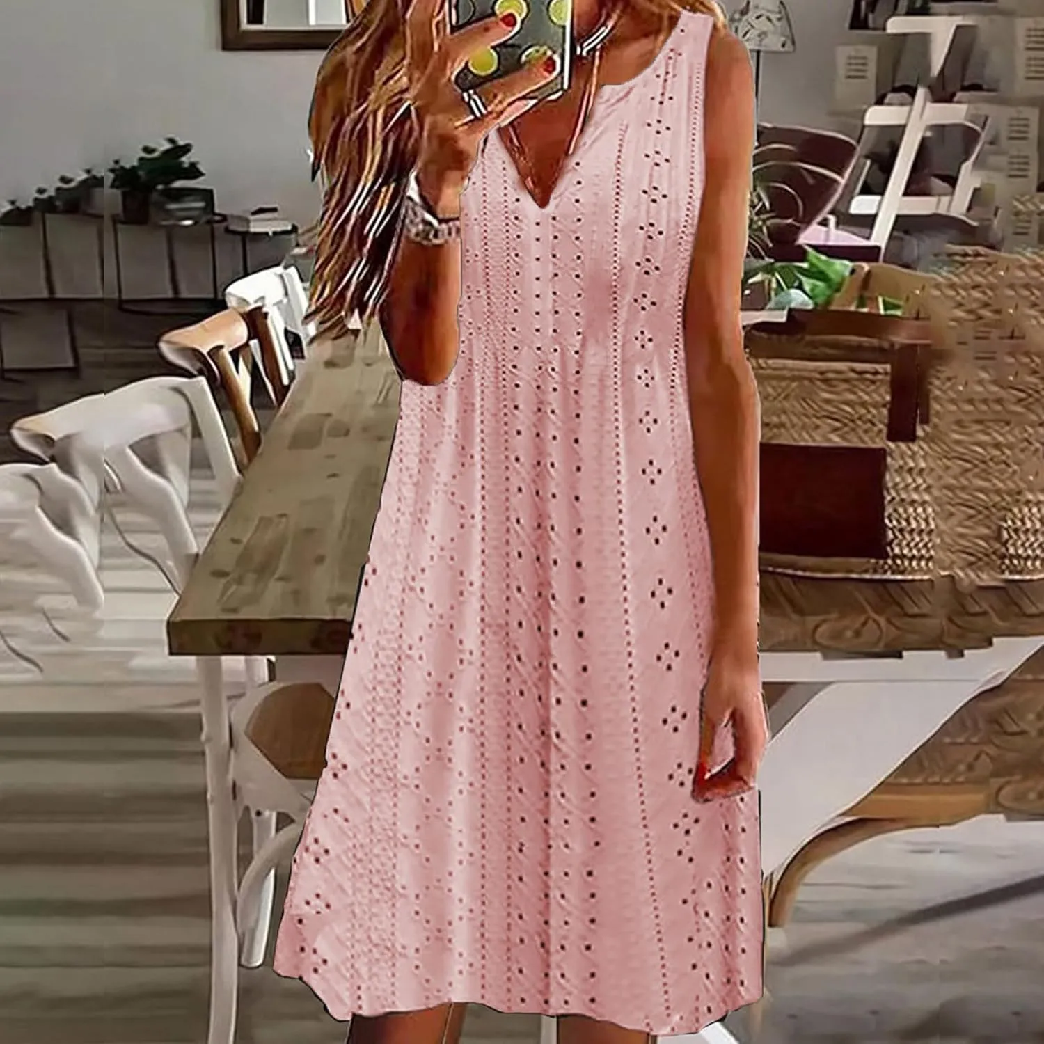 Eyelet Dresses for Women Dressy Casual Summer Beach Tank Dress Sleeveless v Neck Flowy Midi Dress Vacation Outfits
