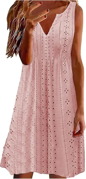 Eyelet Dresses for Women Dressy Casual Summer Beach Tank Dress Sleeveless v Neck Flowy Midi Dress Vacation Outfits