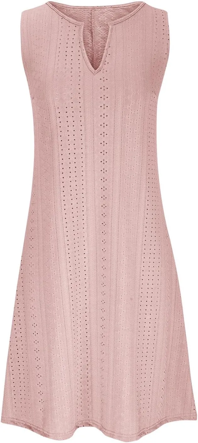 Eyelet Dresses for Women Dressy Casual Summer Beach Tank Dress Sleeveless v Neck Flowy Midi Dress Vacation Outfits