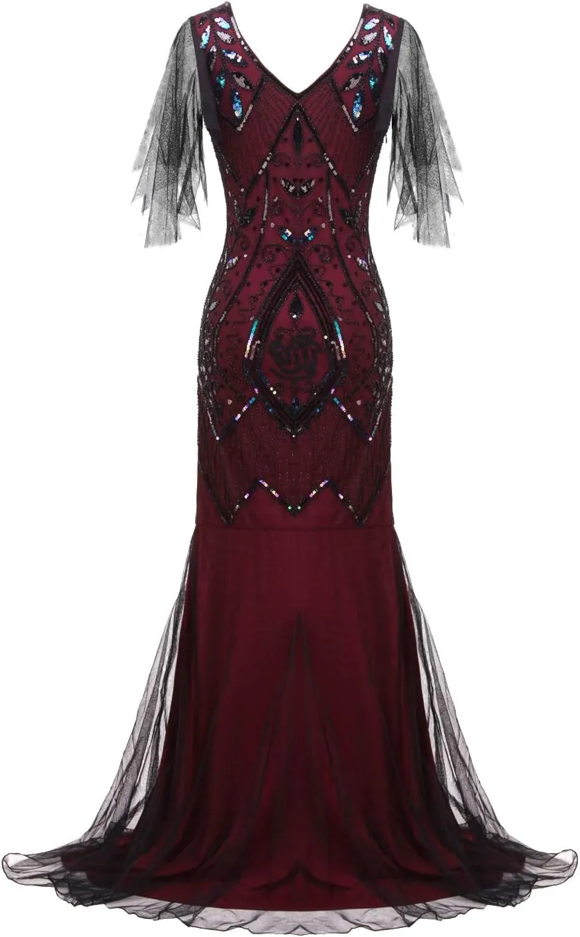 FAIRY COUPLE 1920s Floor-Length V-Back Sequined Embellished Prom Evening Dress D20S004