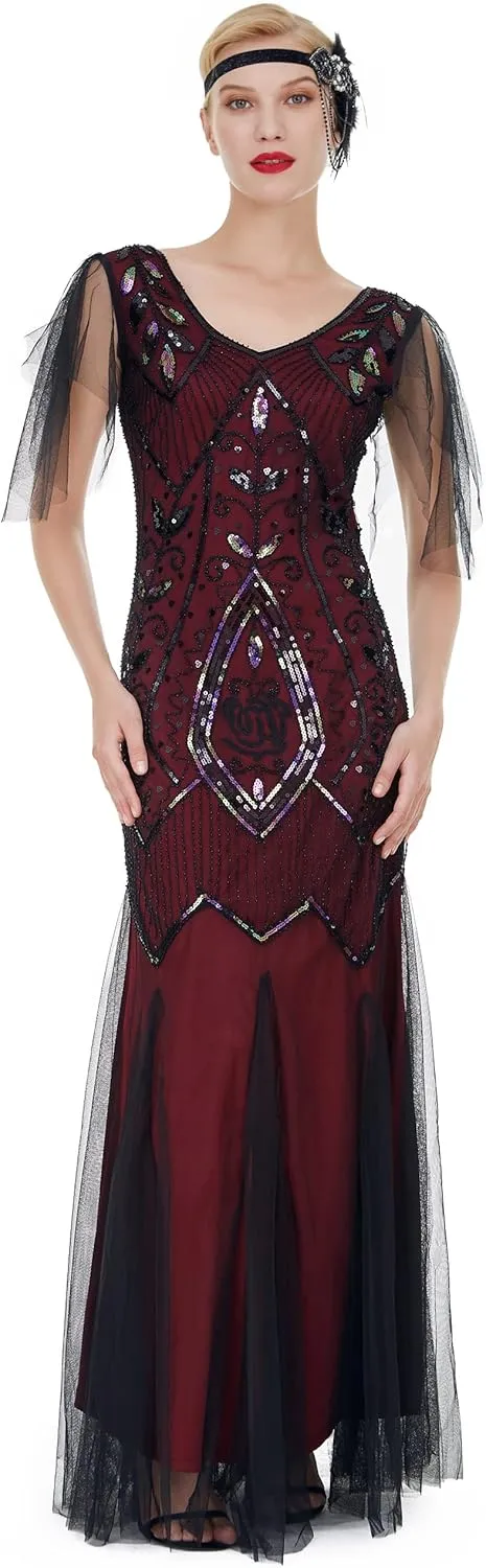FAIRY COUPLE 1920s Floor-Length V-Back Sequined Embellished Prom Evening Dress D20S004