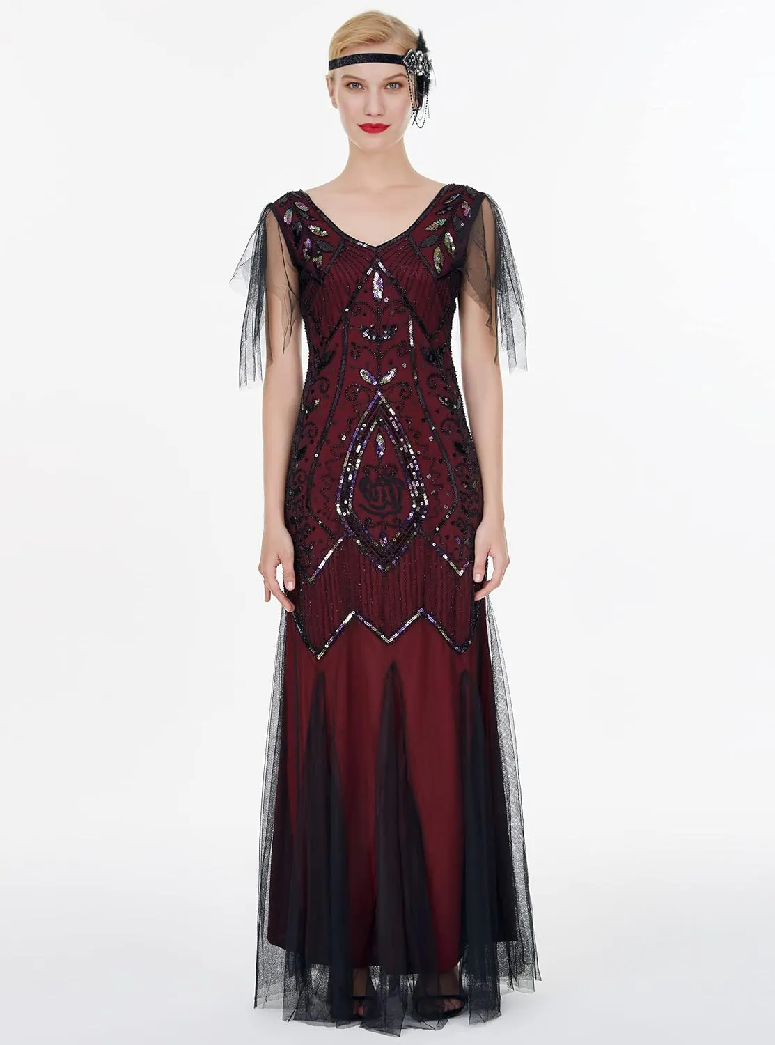 FAIRY COUPLE 1920s Floor-Length V-Back Sequined Embellished Prom Evening Dress D20S004